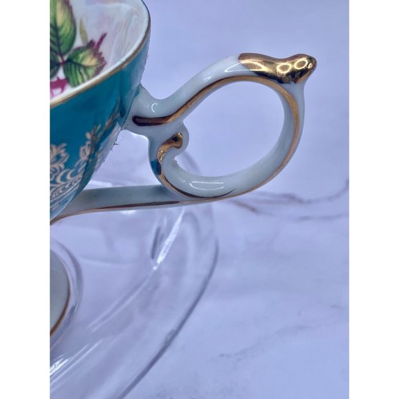 Royal Halsey teacup & filigree saucer Lusterware, green, hand painted, beautiful - Picture 10 of 12